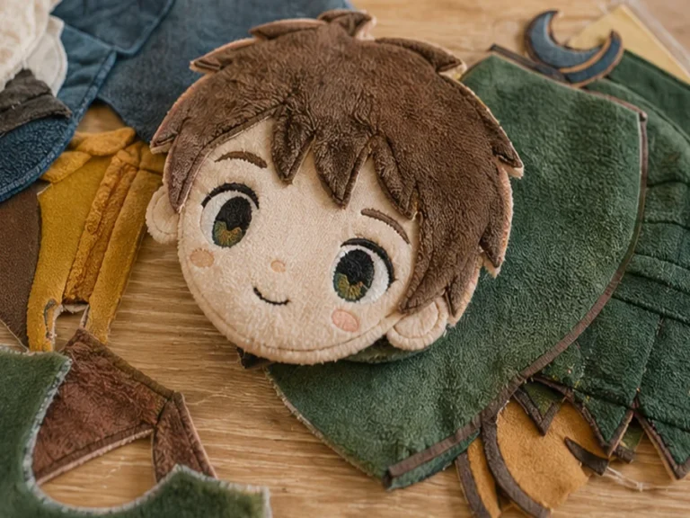 Book character plush fabric texture and embroidery detail close up
