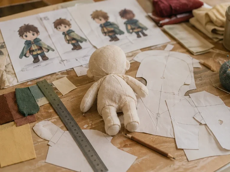 Book character plush pattern sheets with unstuffed prototype shell