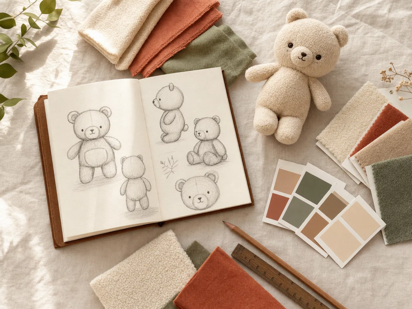 Design lab flat lay with plush sketches, fabric swatches, and prototype