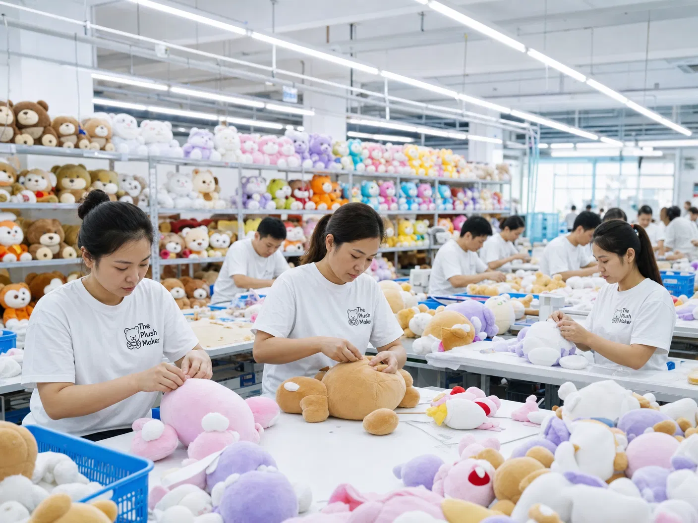 The Plush Maker factory staff in branded t-shirts assembling custom plush toys on the production floor