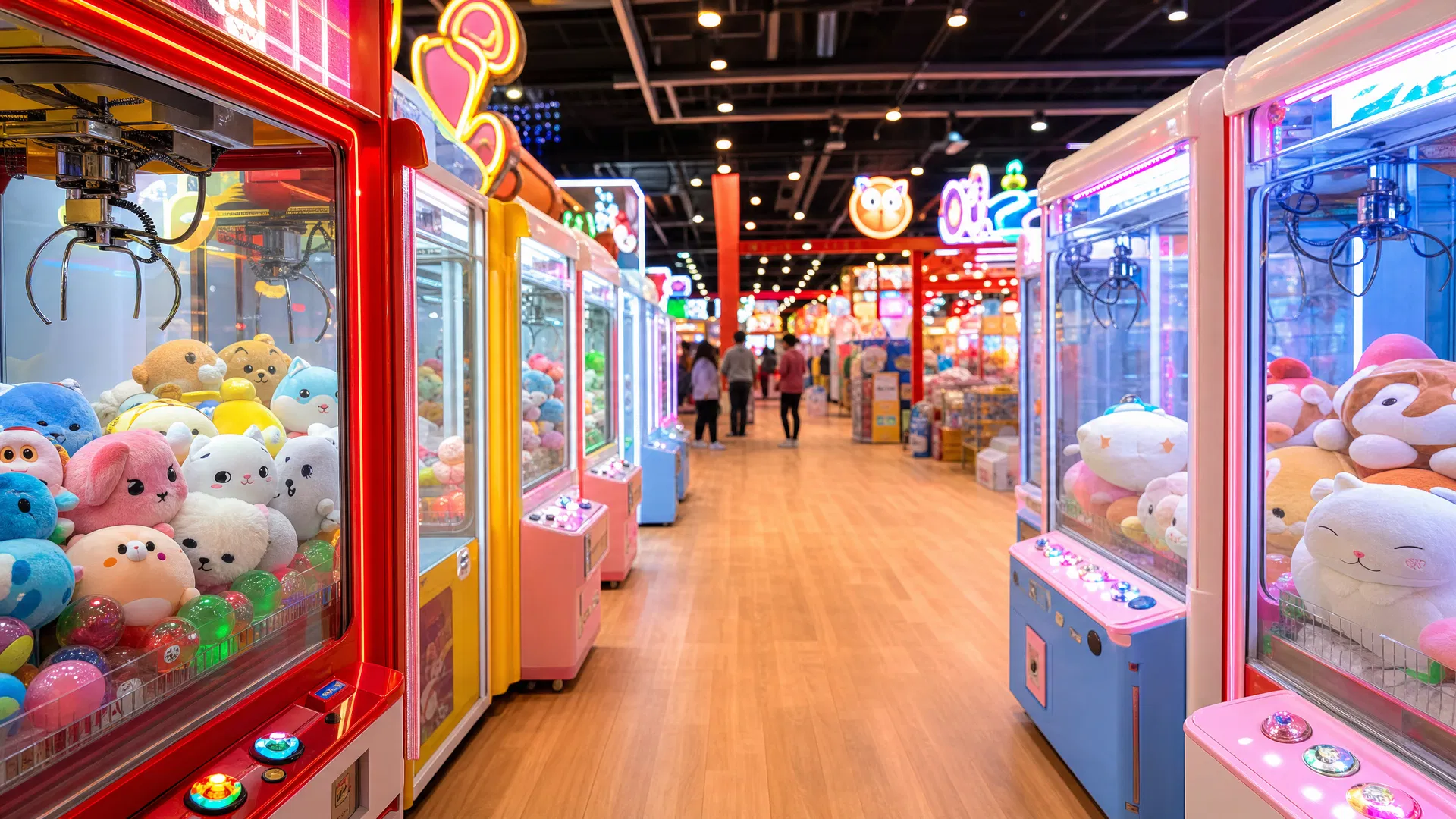 Vibrant claw machine arcade shop filled with rows of claw machines and plush prizes