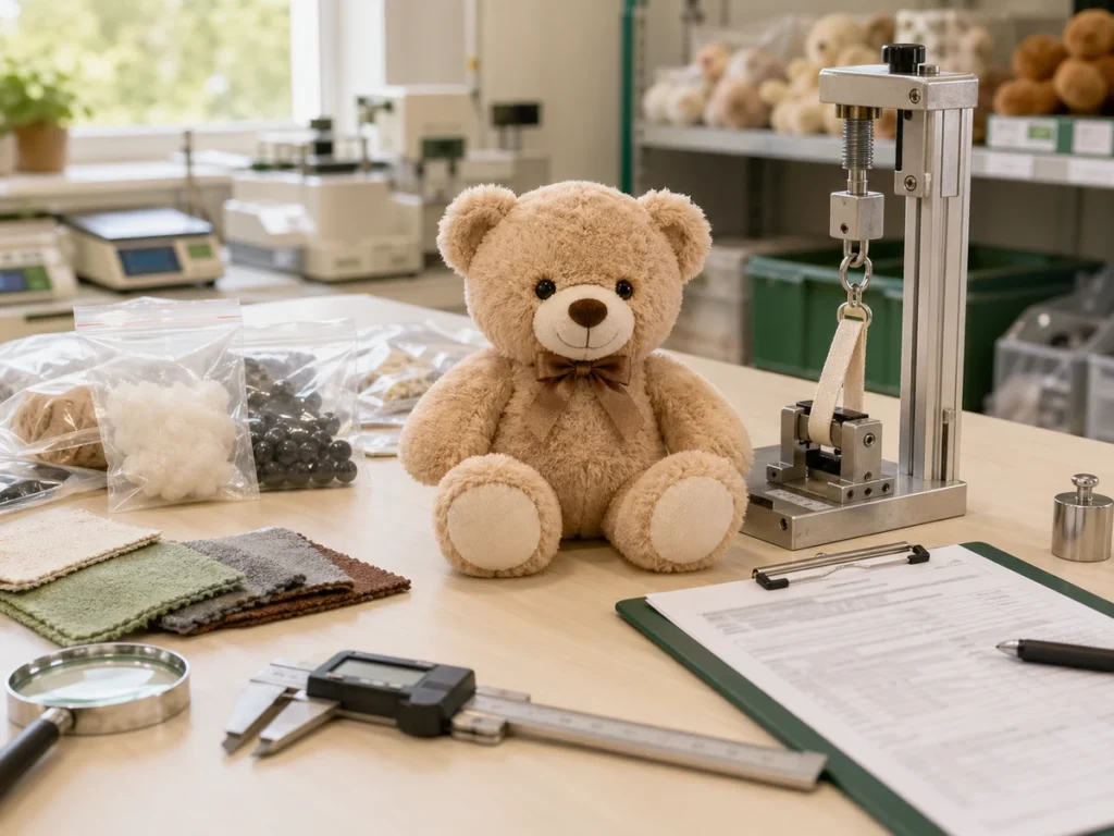 Photorealistic plush toy safety lab inspection with test tools and sample plush