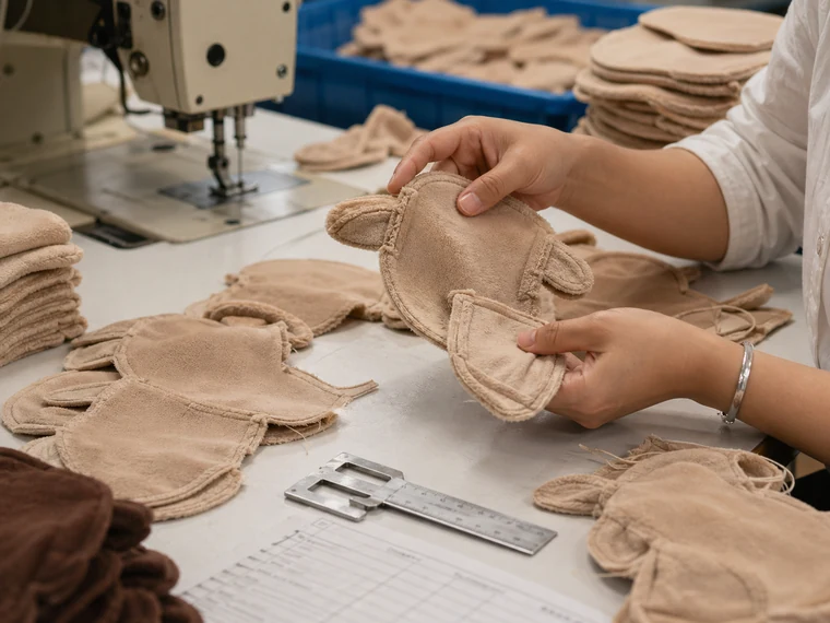 Photorealistic inline QC checking stitching on unstuffed plush fabric shells