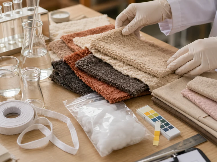 Photorealistic plush material swatches prepared for toy safety testing