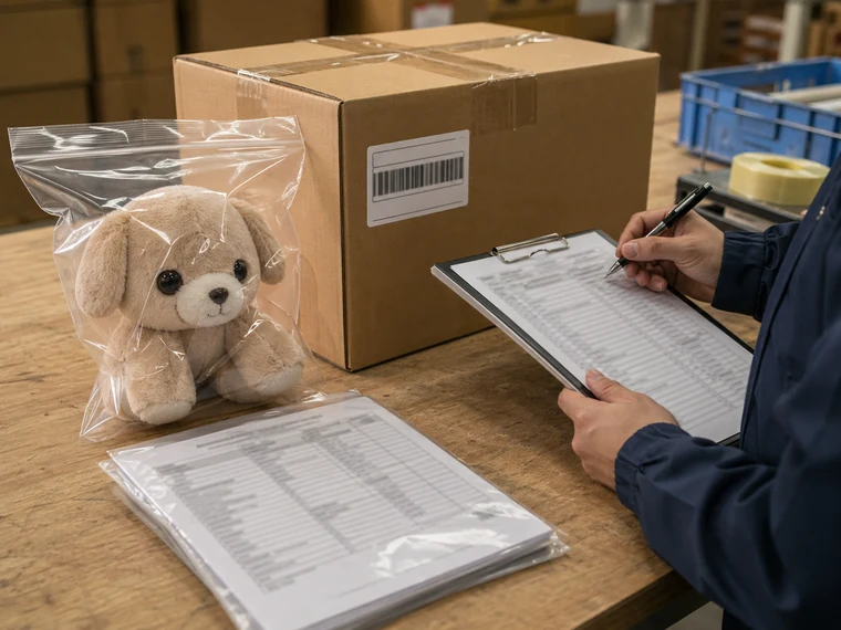 Photorealistic final plush packing and compliance report check before shipment