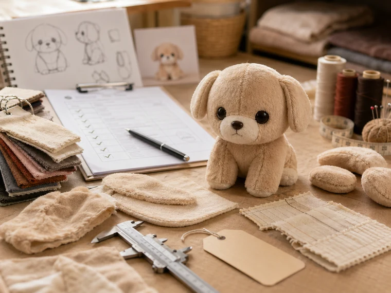 Photorealistic plush pre-production sample review with patterns and measuring tools