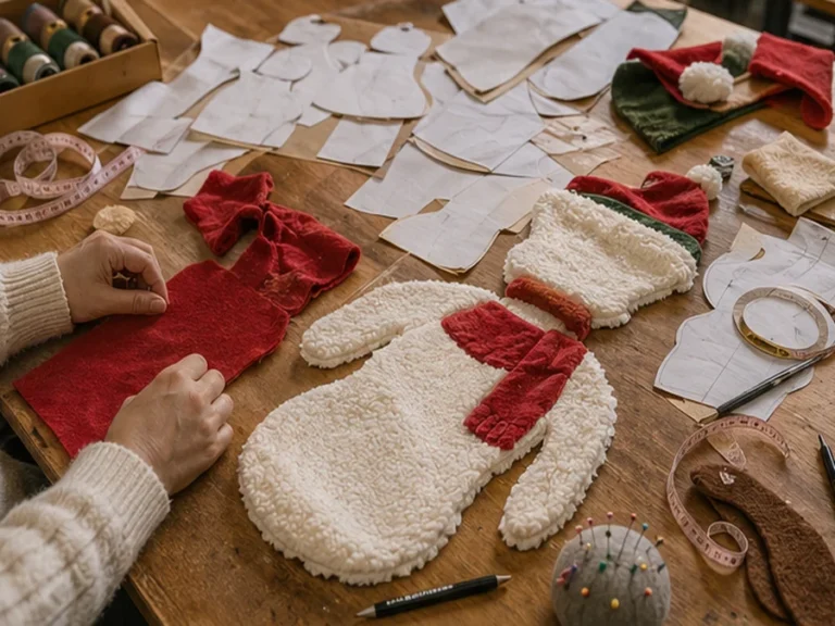 Christmas plush sewing setup with unstuffed snowman and scarf panels