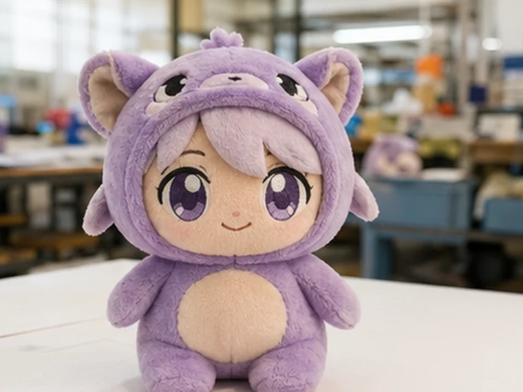 Photorealistic finished custom anime plush sample with embroidered eyes on an inspection table