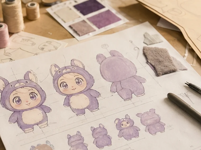 Photorealistic anime plush reference sheet with fabric swatches on a design desk