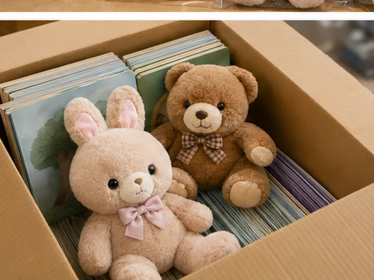 Photorealistic finished plush toys bundled with books in a shipping carton