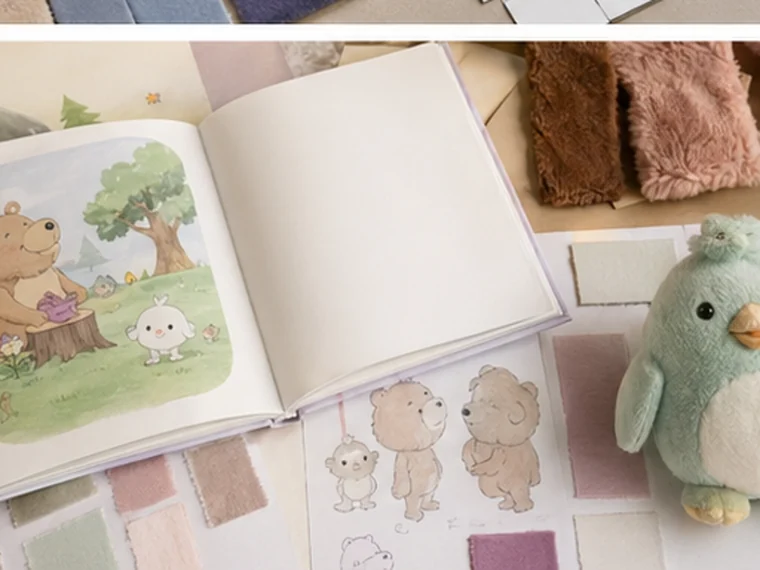 Photorealistic children book character plush project reference setup with fabric swatches