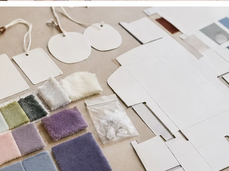 Photorealistic brand brief workspace with blank hangtags packaging dieline and fabric swatches