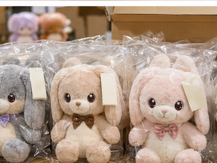 Photorealistic retail-ready plush toys in clear polybags with blank tags and cartons