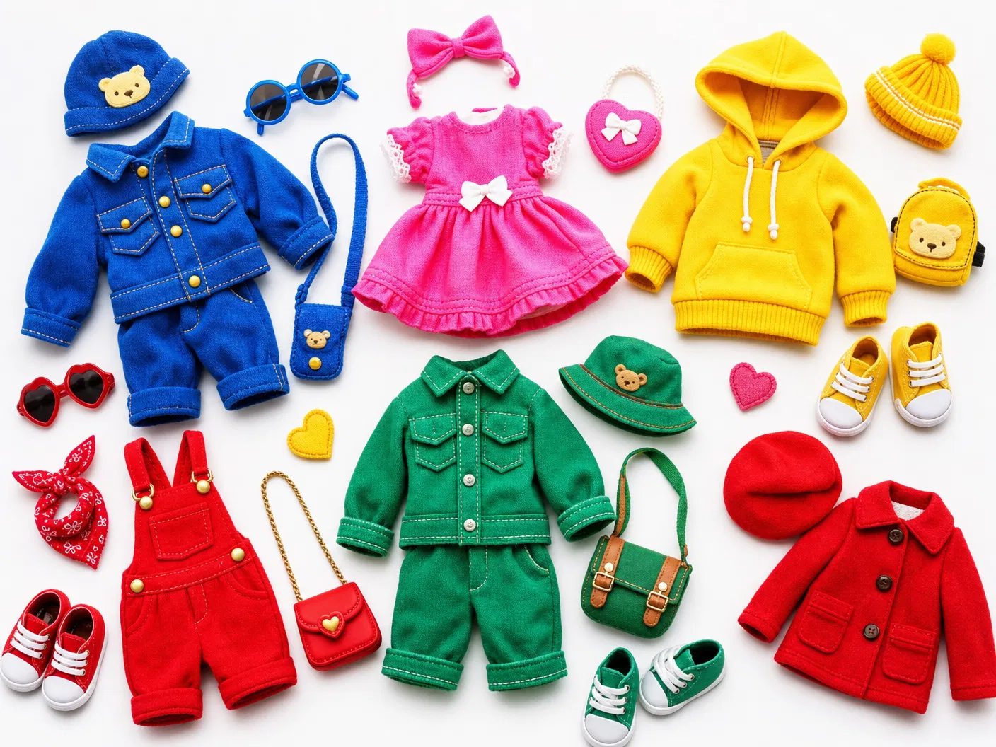 Vibrant colourful miniature doll clothes and accessories for stuffed animals