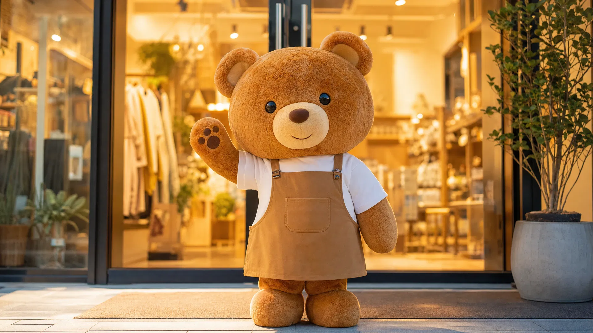 Brand mascot plush toy at a store front door by The Plush Maker