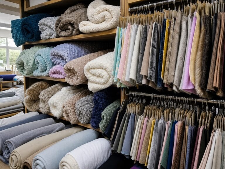 Plush fabric material library with swatches and rolls for stuffed animal production