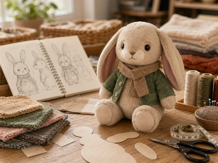 Photorealistic storybook animal plush sample with sketchbook and fabric swatches