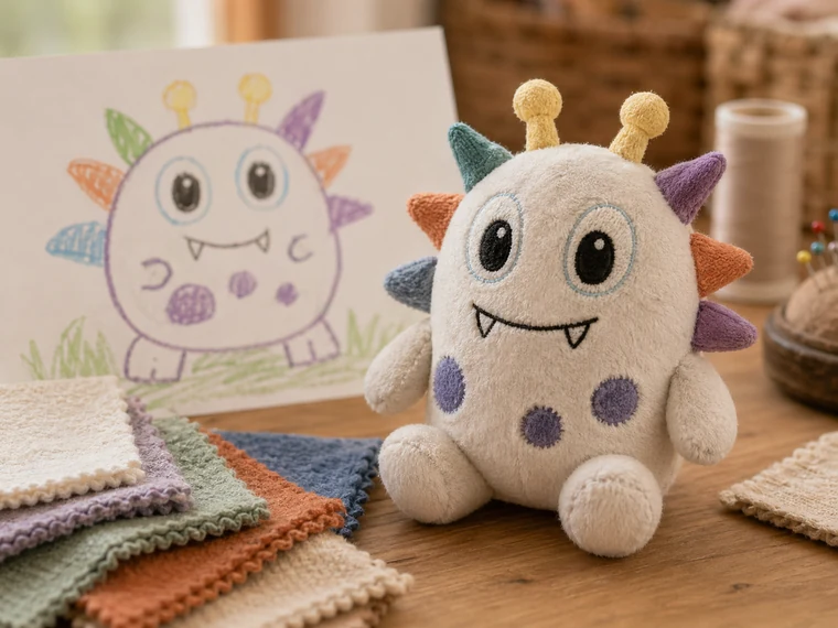 Photorealistic kids drawing keepsake plush sample with blurred crayon drawing and fabric swatches