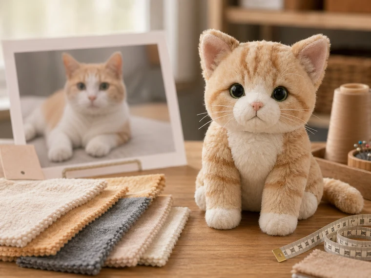 Photorealistic pet replica plush sample with fabric swatches and blurred reference photo