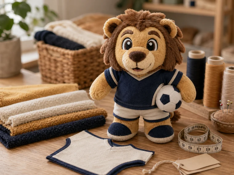 Photorealistic team mascot plush sample with fabric swatches and blank jersey panel