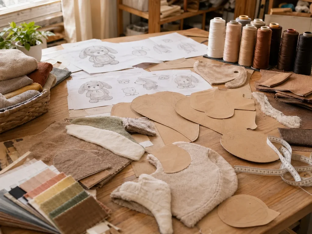 Photorealistic stuffed animal design workbench with paper patterns, fabric swatches, and unstuffed plush shell panels