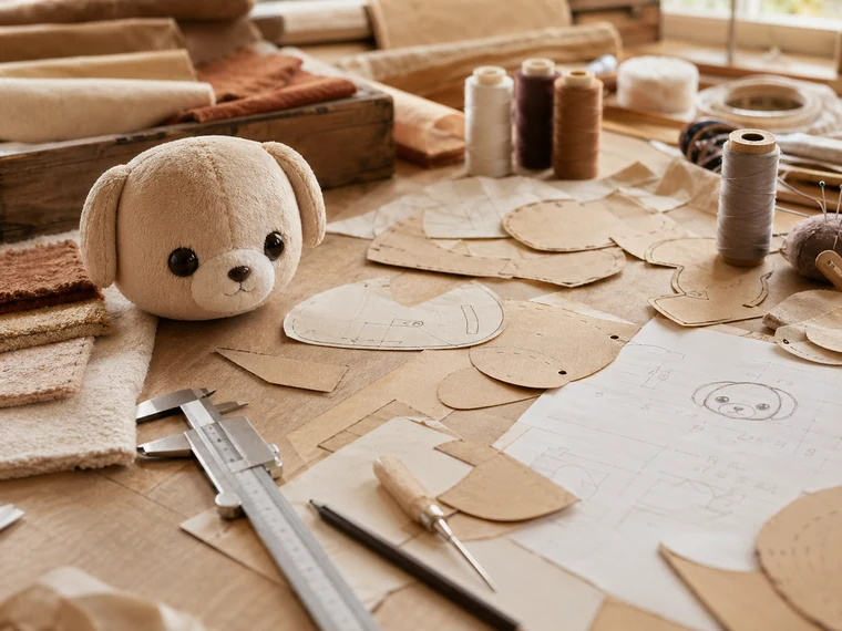 Photorealistic stuffed animal design table with paper patterns fabric swatches and tools