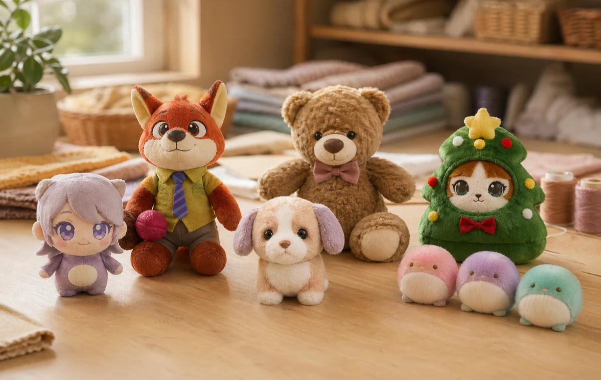 Photorealistic custom plush product catalog samples on a warm studio table