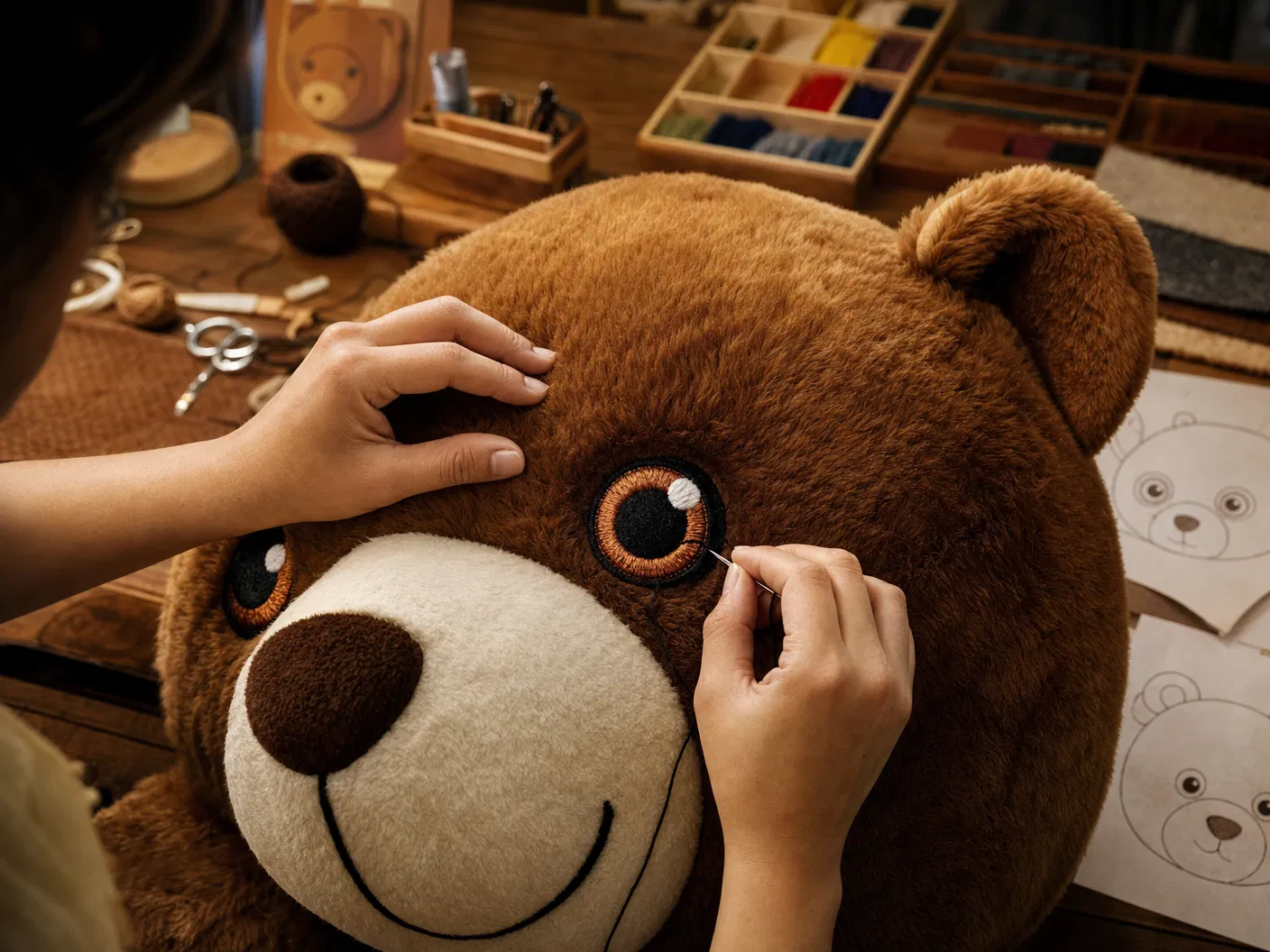 Artisan hand-stitching the face of a giant plush bear