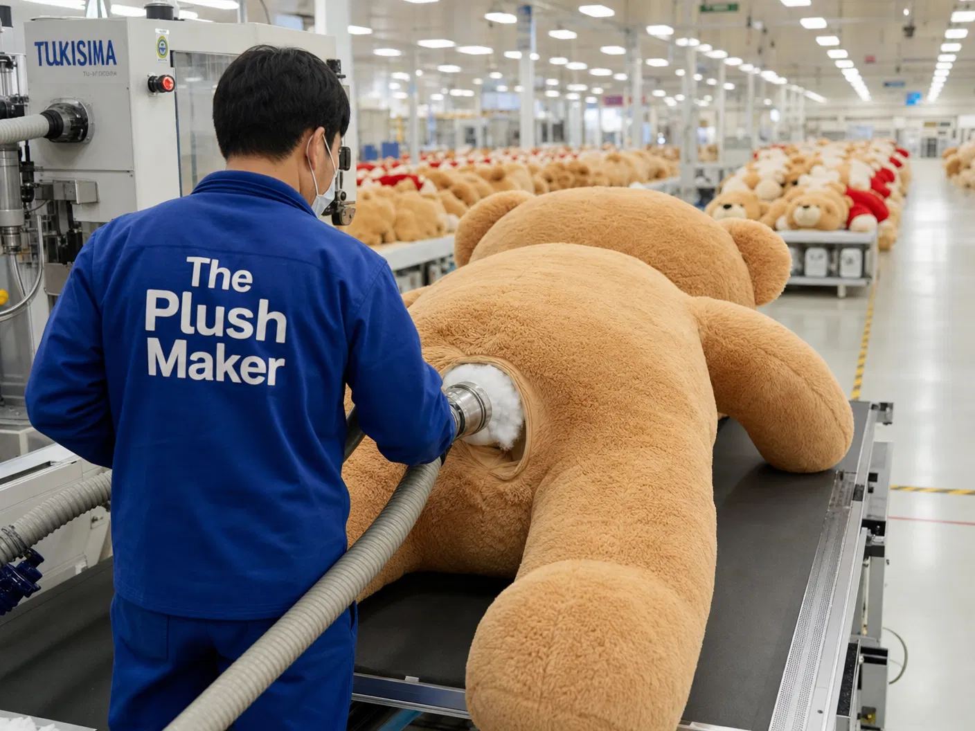 Factory worker stuffing an oversized plush bear with PP cotton fill