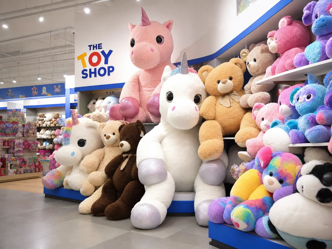 Oversized plush unicorns in toy store display