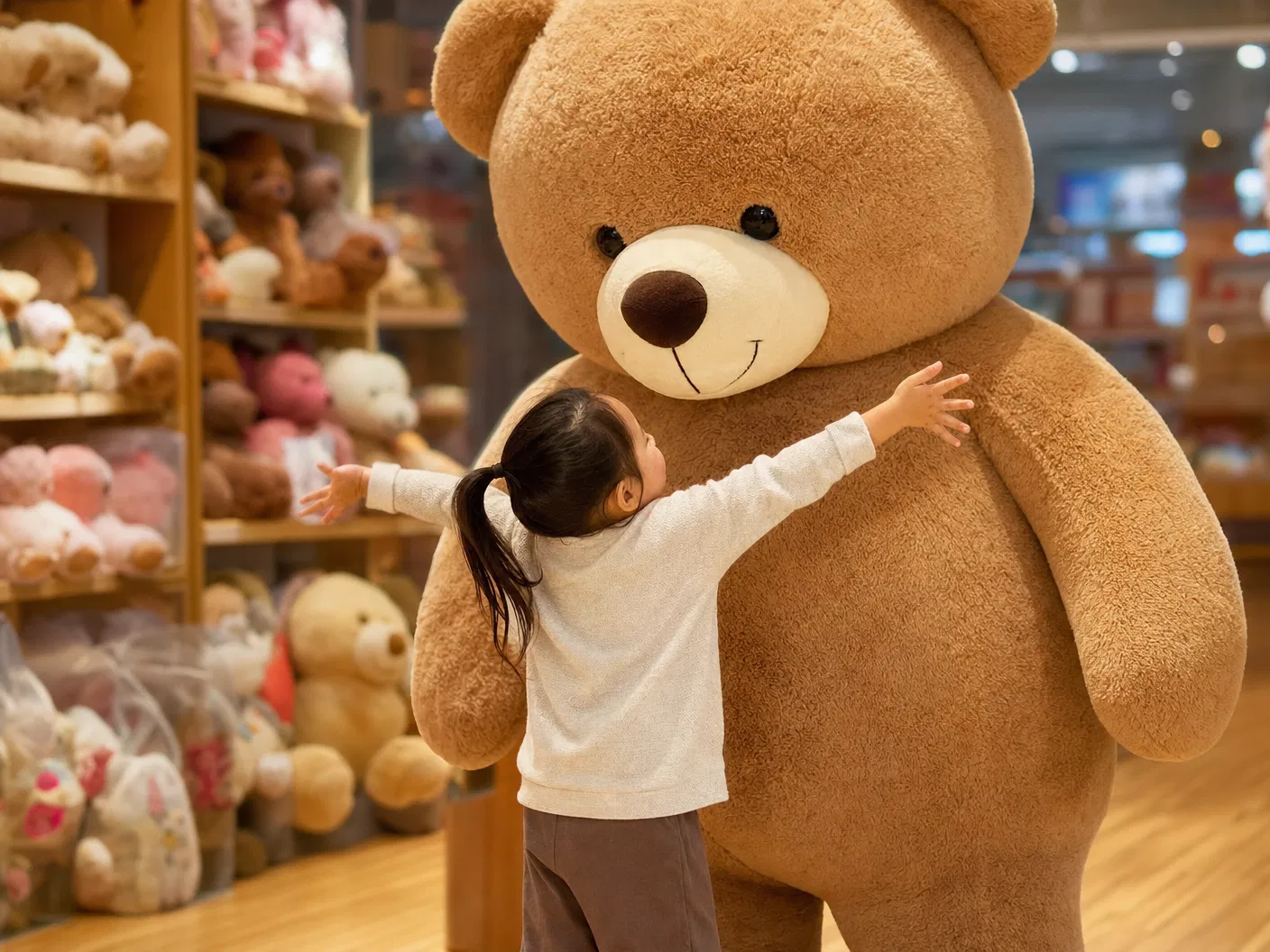 Child hugging oversized plush bear in toy store