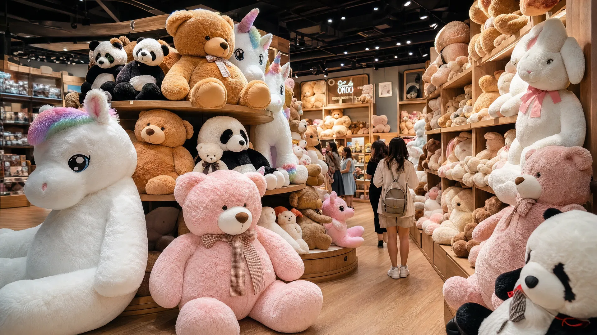 Toy boutique store interior with oversized plush toys