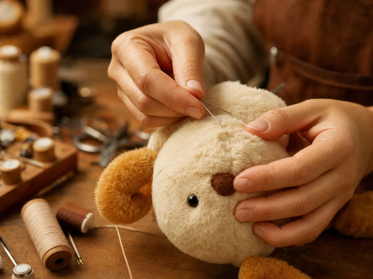 Artisan crafting a pet plush toy with precision stitching