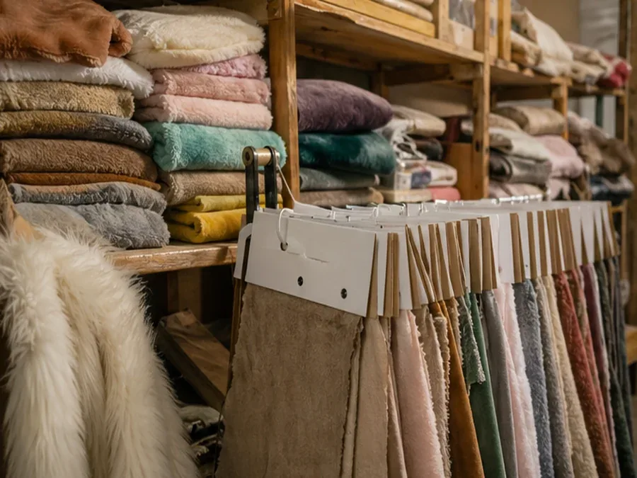 Plush fabric swatches for minky, velboa, short pile, and long pile selection in custom plush production