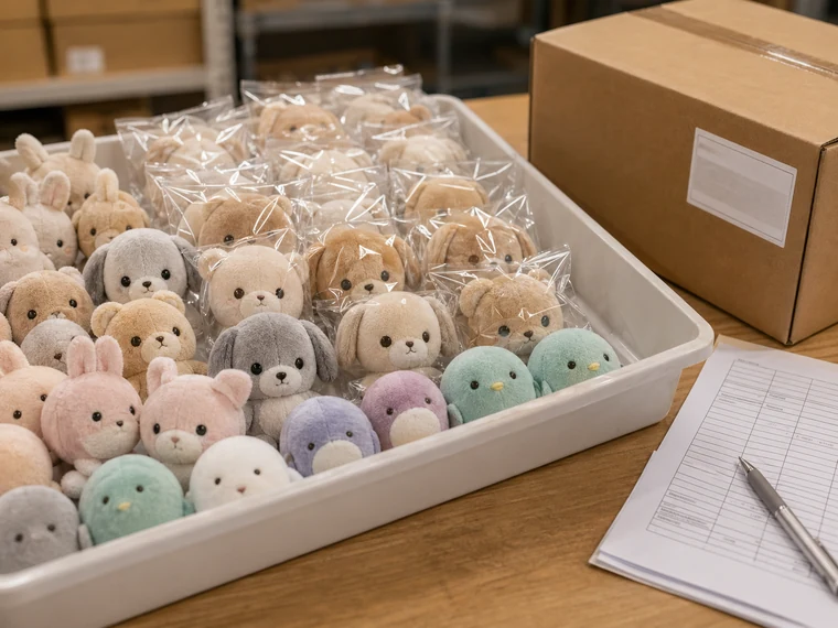Photorealistic tray of bulk small plush giveaway toys for a custom plush quote example