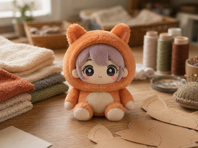 Photorealistic chibi plush prototype used for a 500 unit custom plush quote example