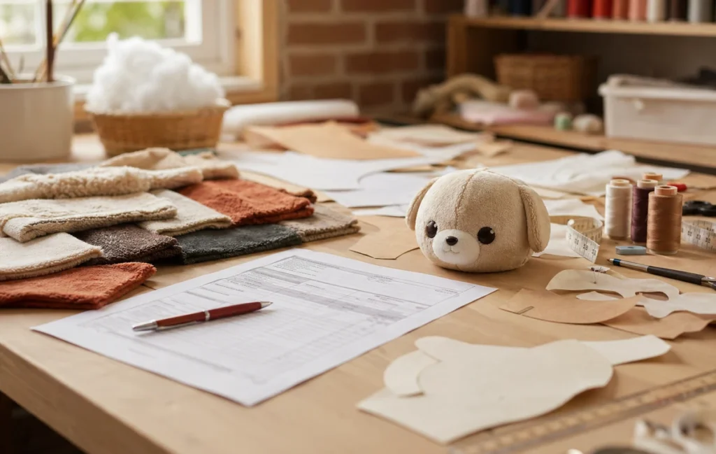 Photorealistic custom plush quote review with fabric swatches and paper patterns