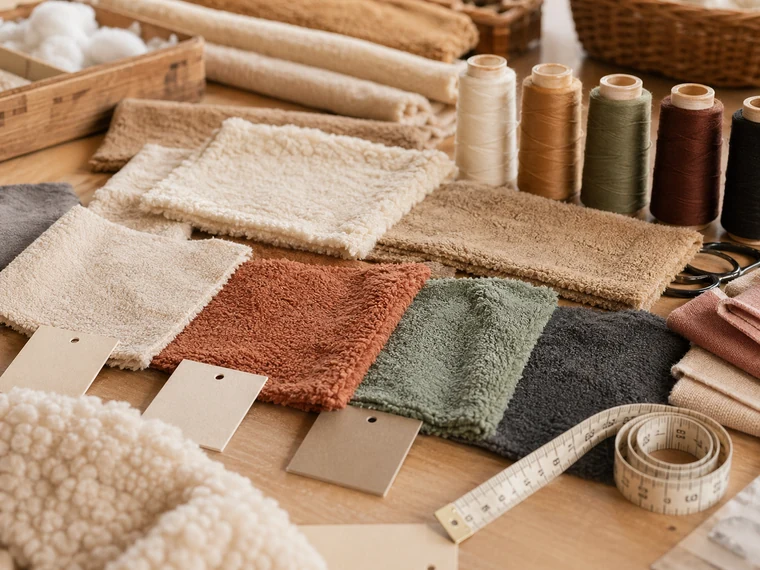 Photorealistic plush fabric swatches and measuring tape showing material cost factors