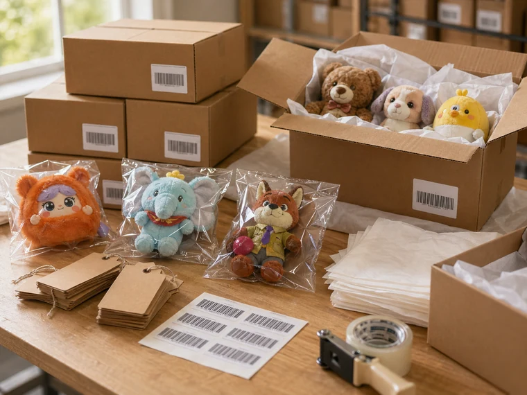 Photorealistic plush toys in polybags and retail packaging on a packing table