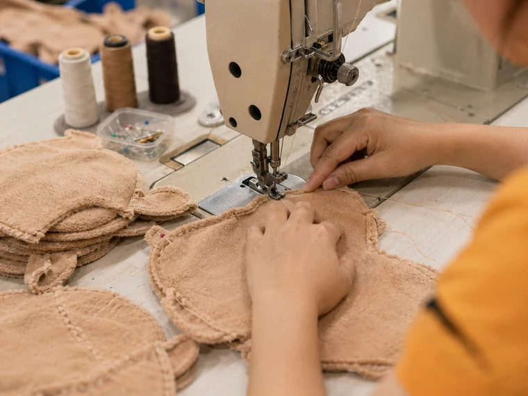 Photorealistic sewing machine stitching unstuffed plush fabric shells and panels