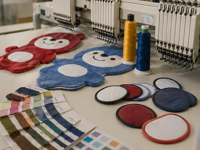 Promotional plush logo applique and unstuffed panel sewing setup