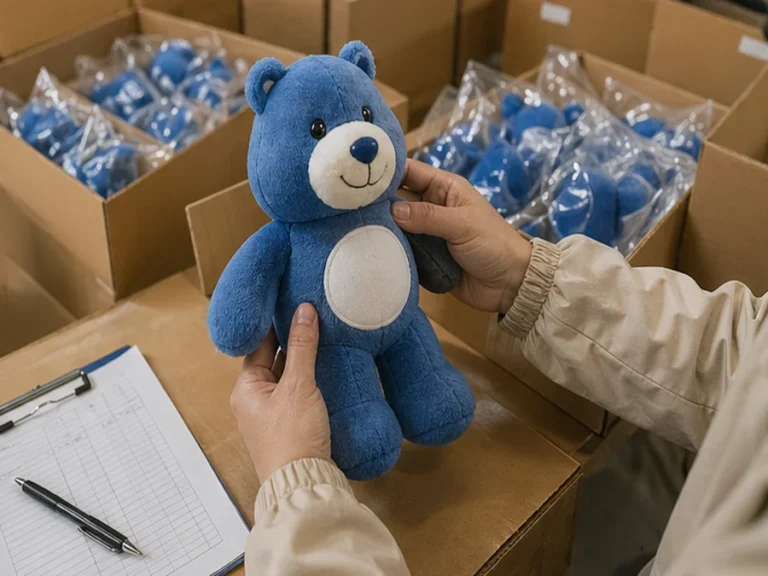 Promotional plush inspection and branded bulk packaging