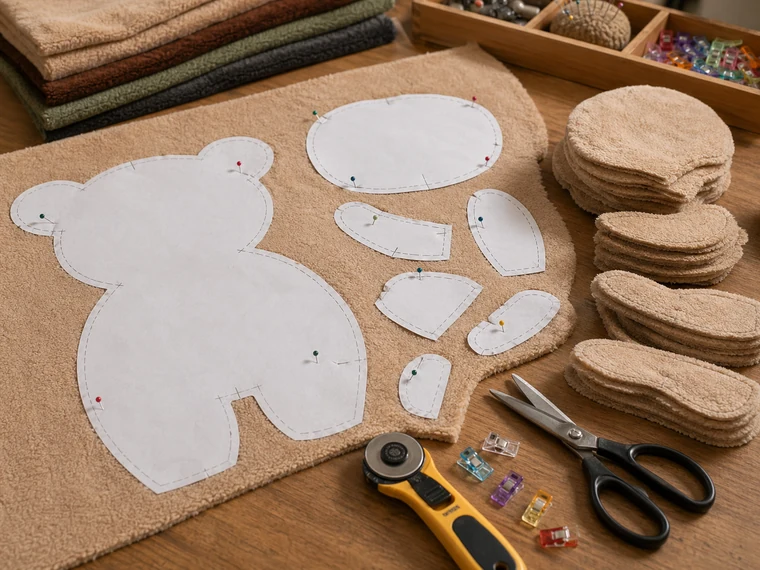 Photorealistic plush fabric cutting layout with pinned paper patterns and flat fabric panels