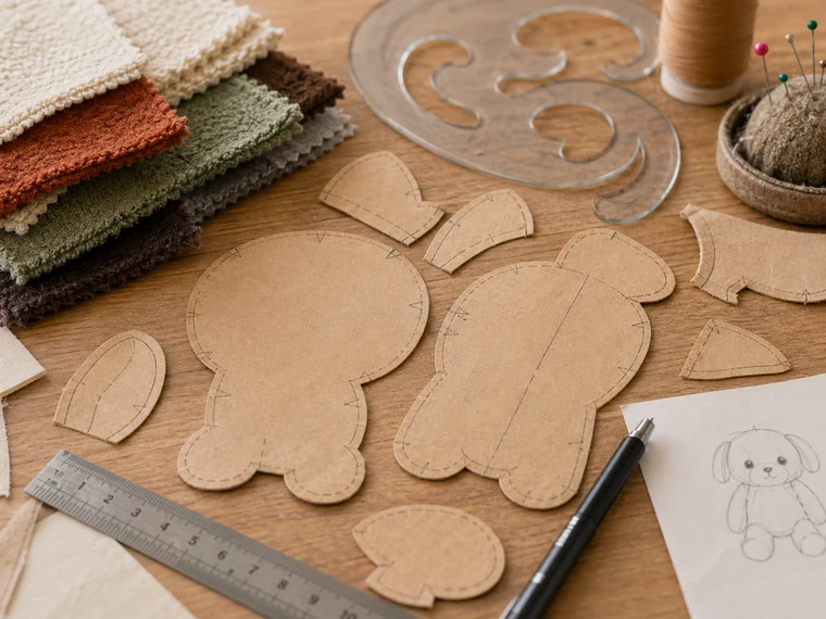 Photorealistic plush sewing pattern drafting with kraft paper pieces rulers and fabric swatches