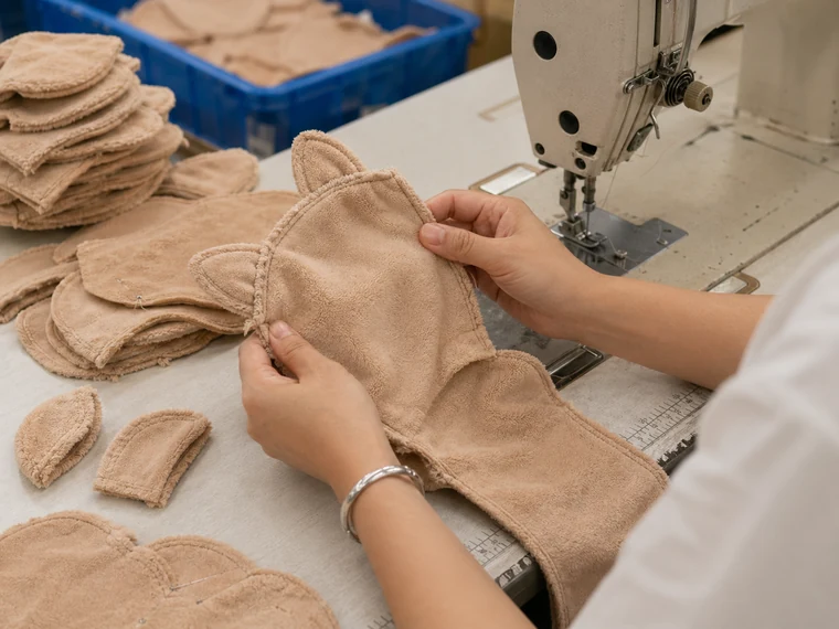 Photorealistic sewing check on an unstuffed plush fabric shell before filling