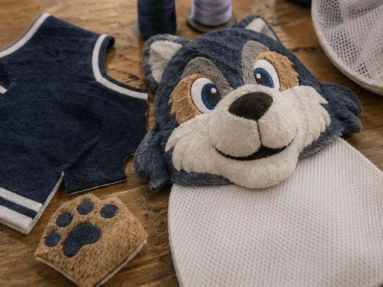 Sports mascot plush uniform fabric and embroidery details