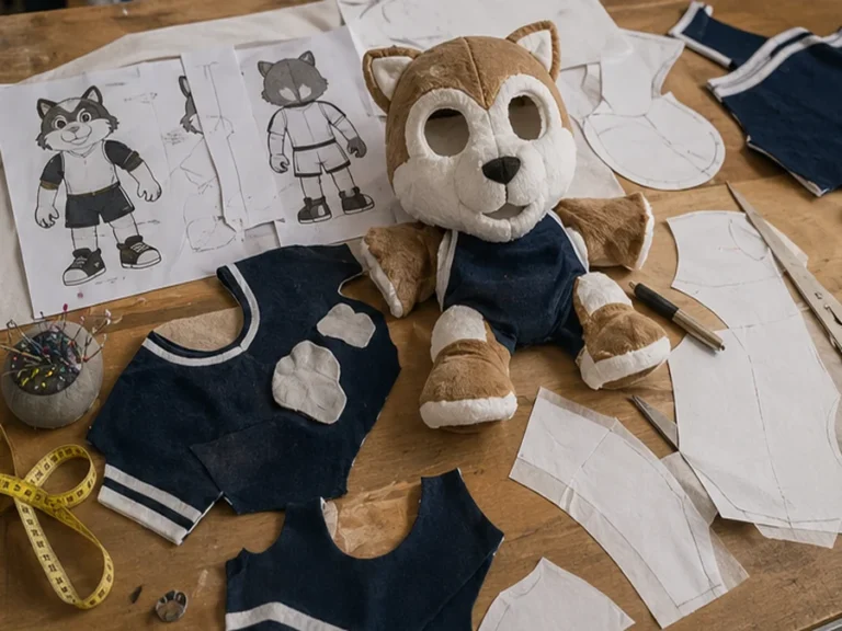 Sports mascot plush jersey panel sewing with unstuffed fabric pieces
