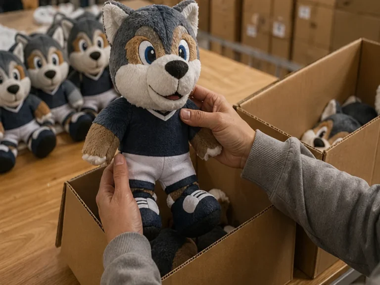 Sports mascot plush quality control before team merchandise packing