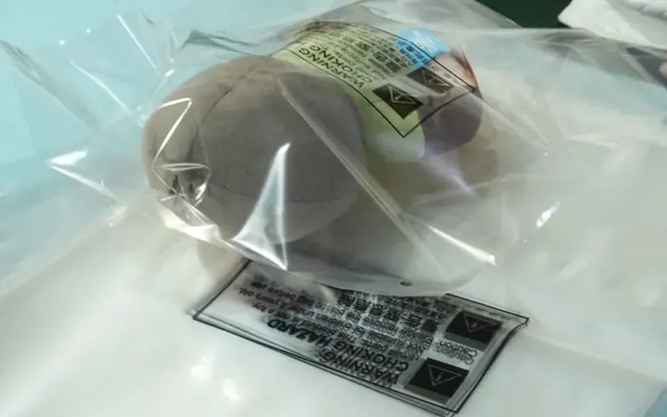 Polybagged plush toy with suffocation warning label prepared for export packing