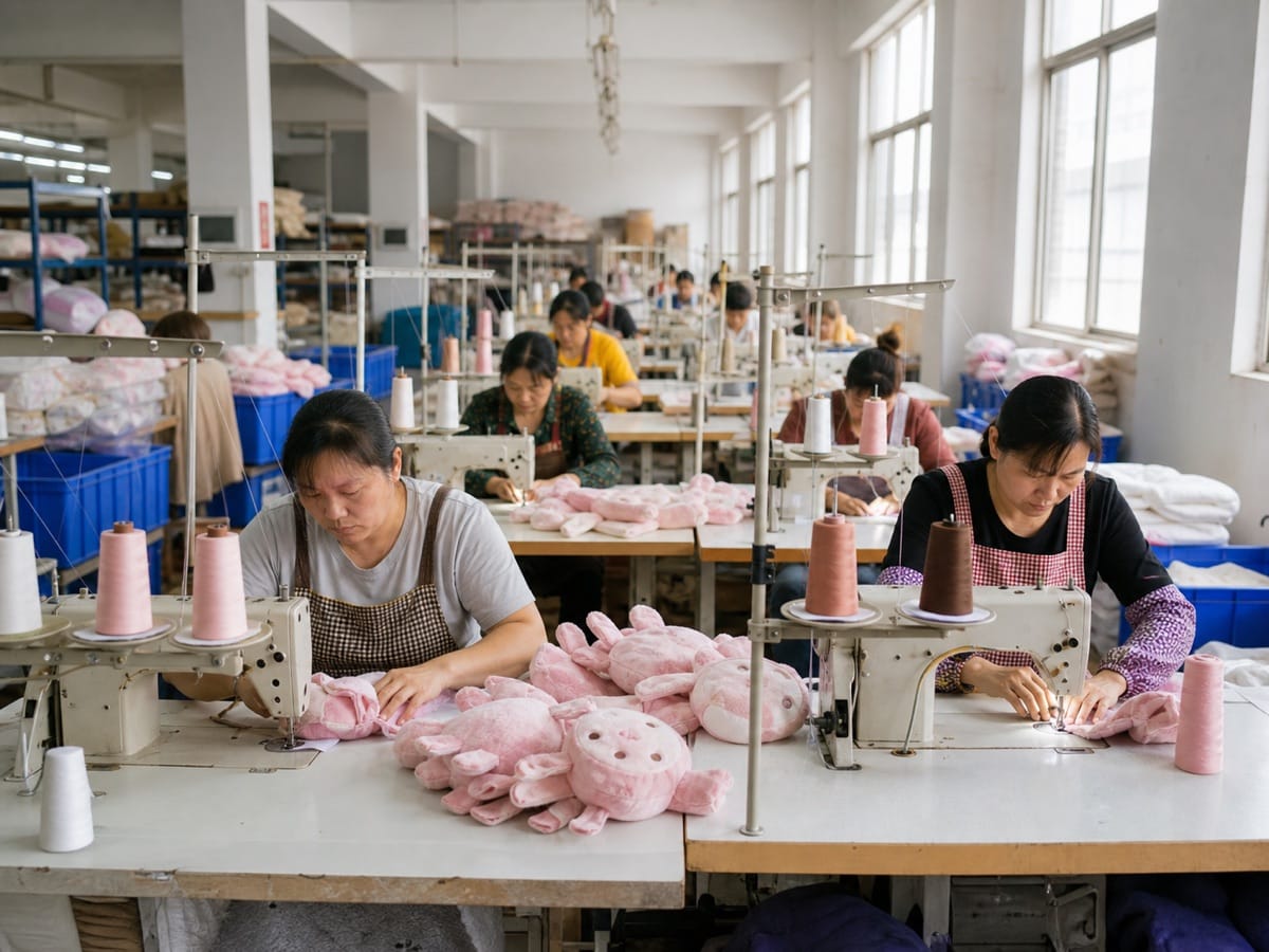 Rows of sewing workers making custom plush toys inside a bright plush manufacturing workshop